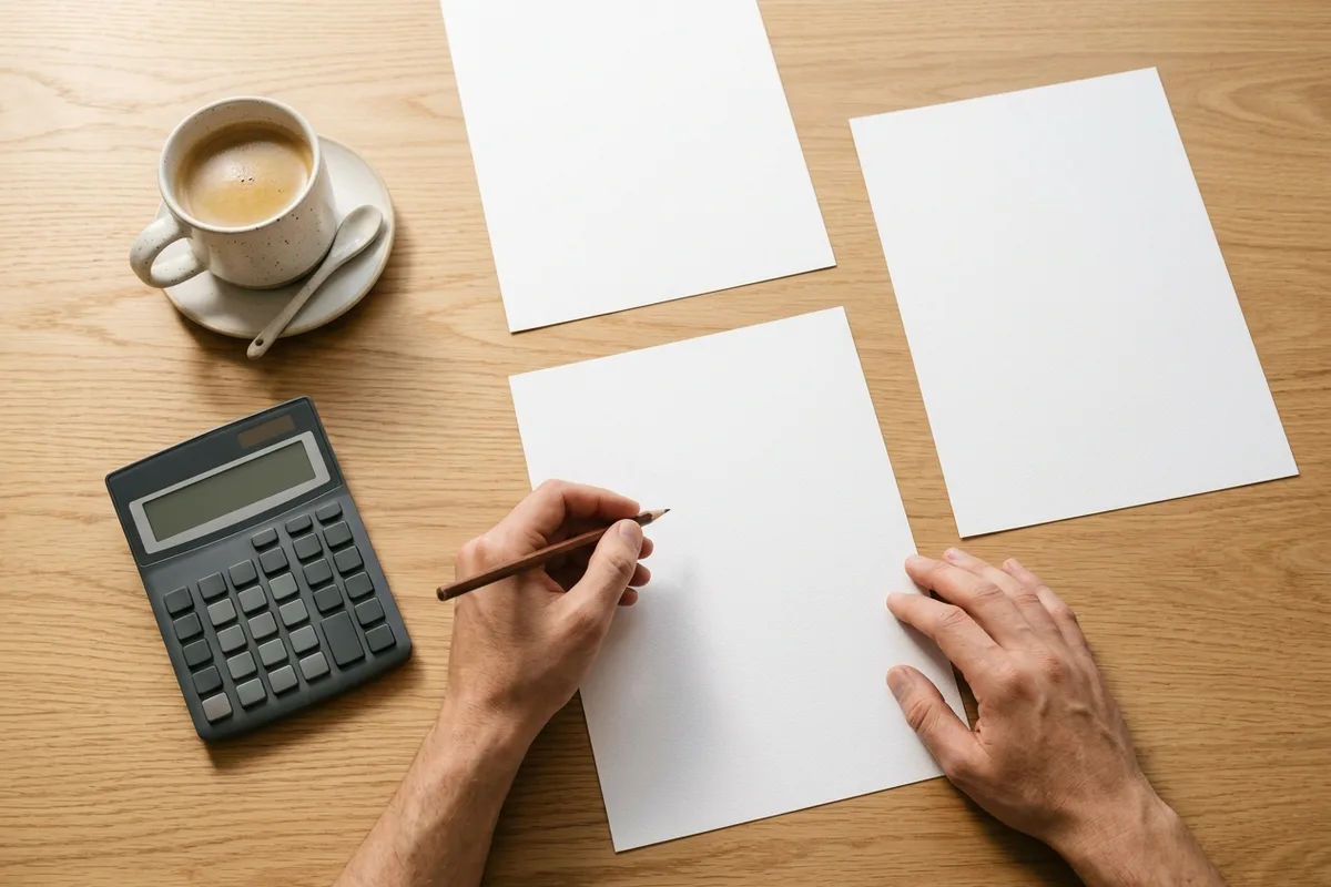 Dueño de un negocio haciendo cuentas con calculadora y facturas sobre la mesa